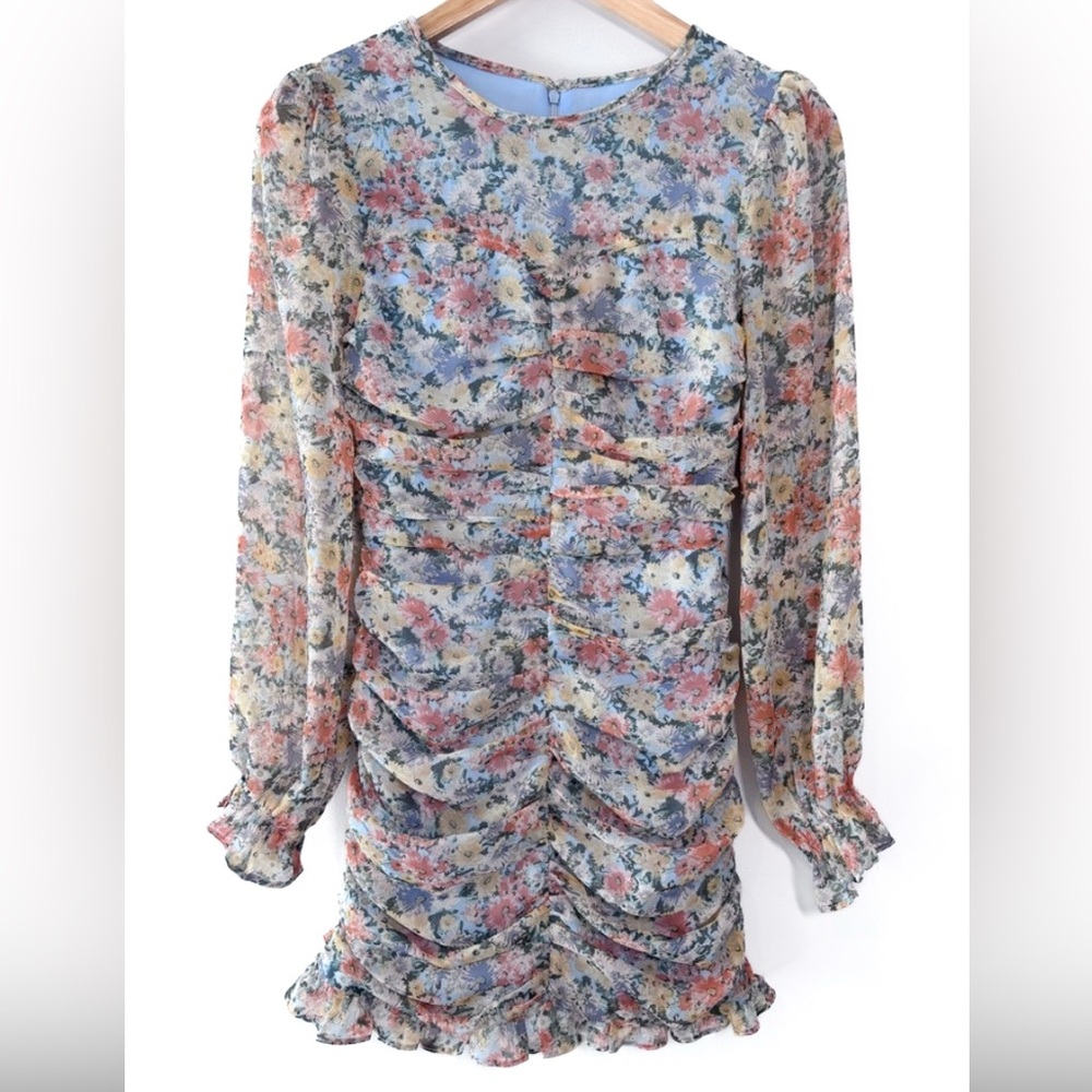 Vici Garden Floral Print Ruched Chiffon Long Sleeve Mini Dress Women’s Size XS